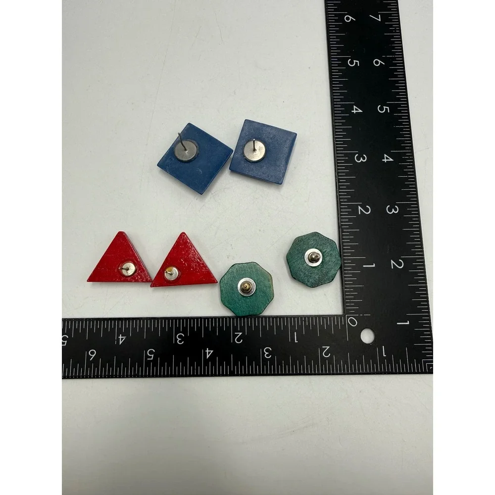 Vintage Geometric Wood Stud Earrings Set 3 Pairs Blue Polka Dot Red Green Shapes